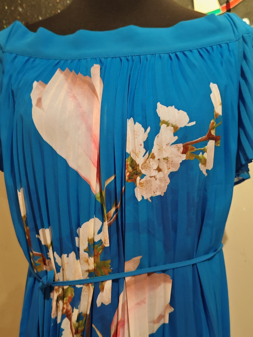 Ted Baker Cobalt Blue Off-Shoulder Pleated High-Low Floral Dress - Picture 11 of 14